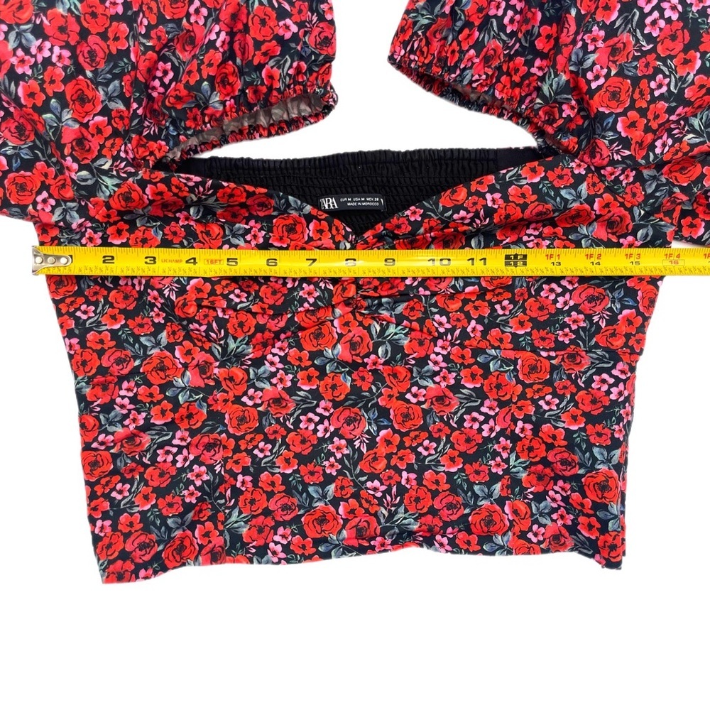 Zara Puff Sleeve Floral Crop Top Rose Print Sweetheart Ruched Blouse Size M - Picture 9 of 15
